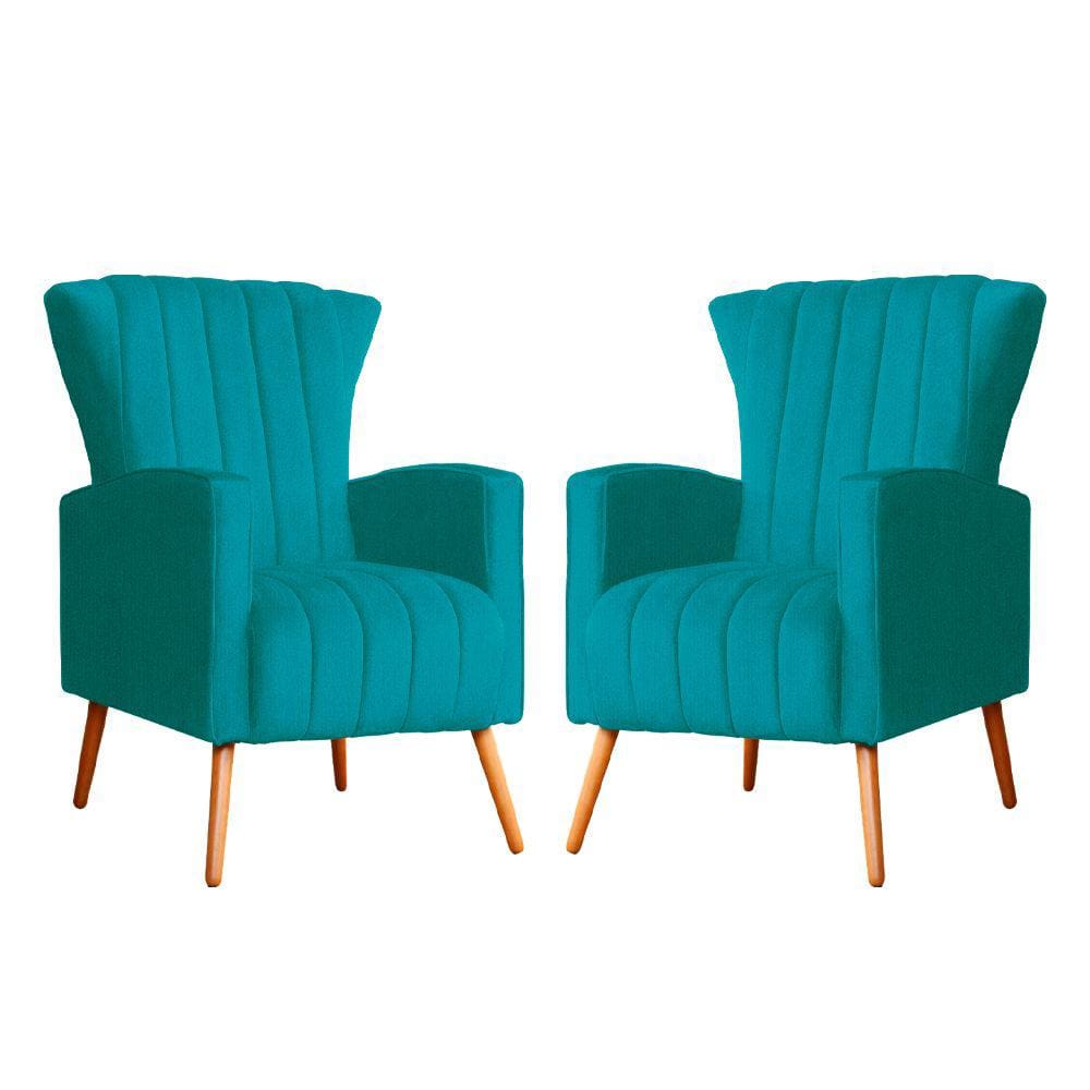 Kit 2 Poltronas Decorativa Melinda Suede Azul Tiffany Pés Madeira Mz Decor