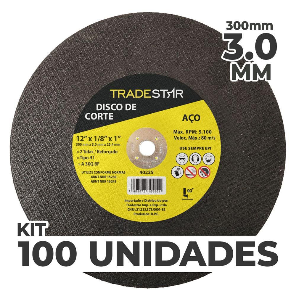 Kit c/ 100 Disco de Corte Metal 12” 300x3,0 mm Furo 25,04 mm