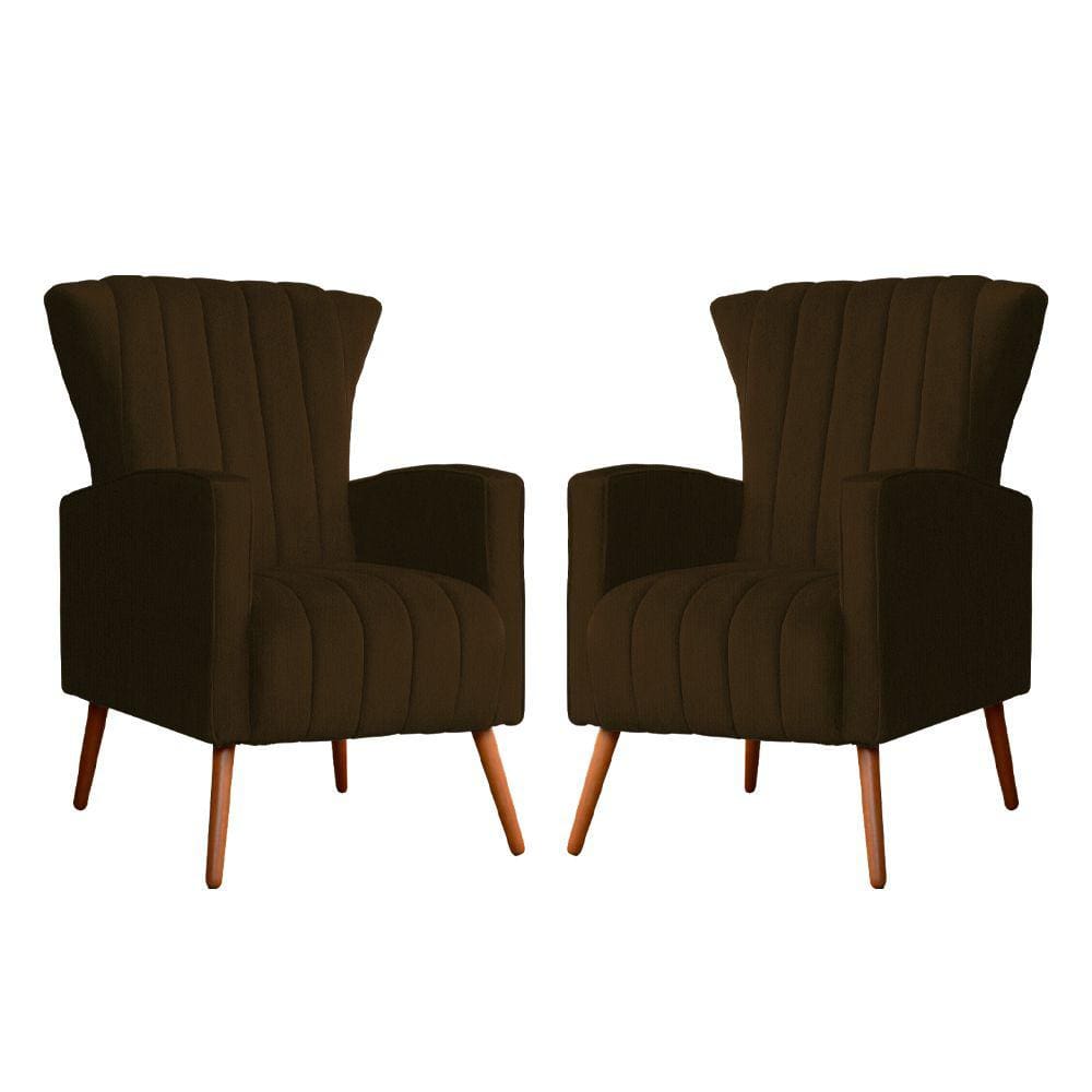 Kit 2 Poltronas Decorativa Melinda Suede Marrom Pés Madeira Mz Decor
