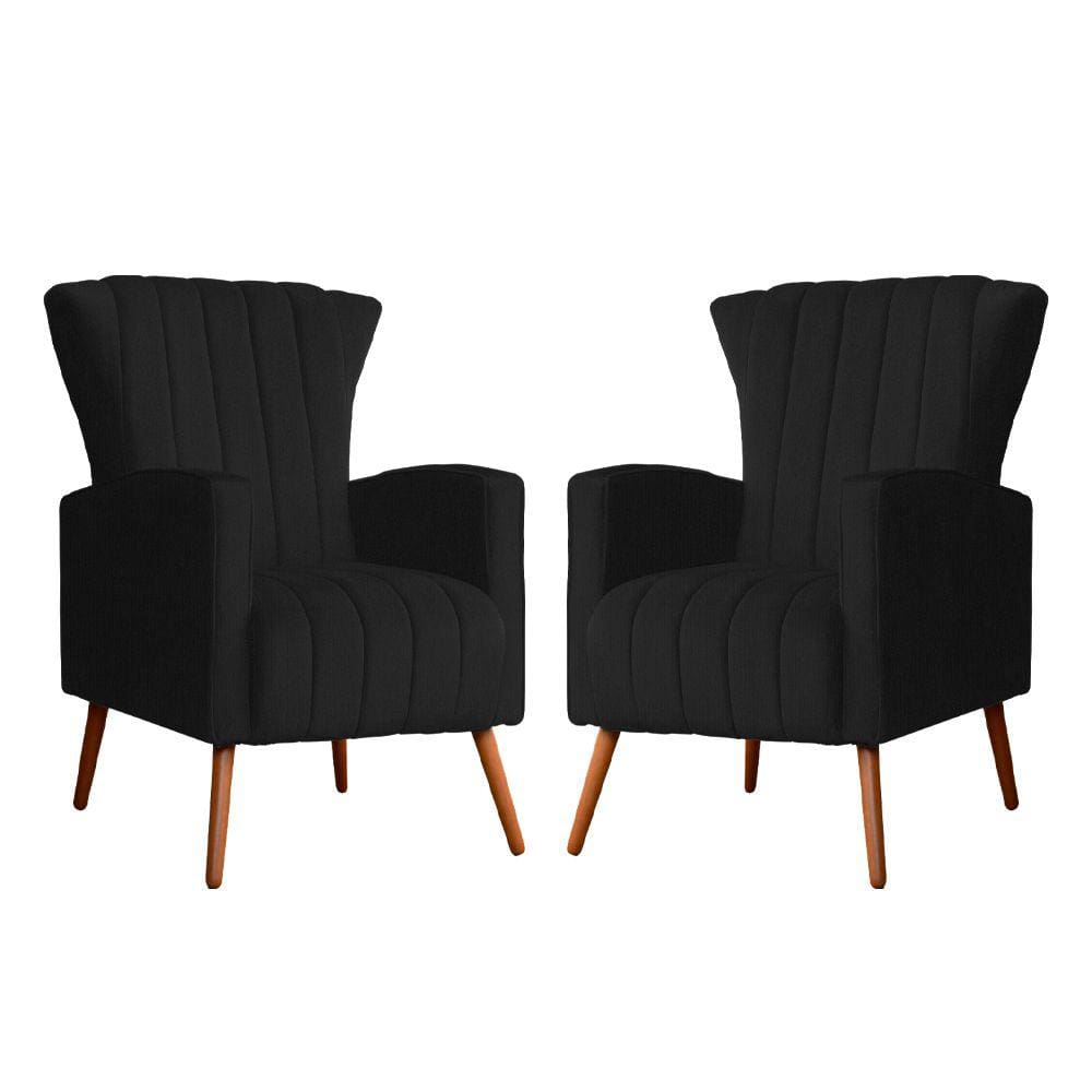 Kit 2 Poltronas Decorativa Melinda Suede Preto Pés Madeira Mz Decor
