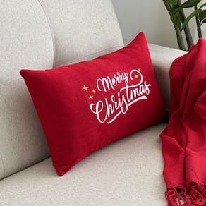 CAPA DE ALMOFADA LINHO RETANGULAR VERMELHO BORDADO MERRY CHRISTMAS 30x50