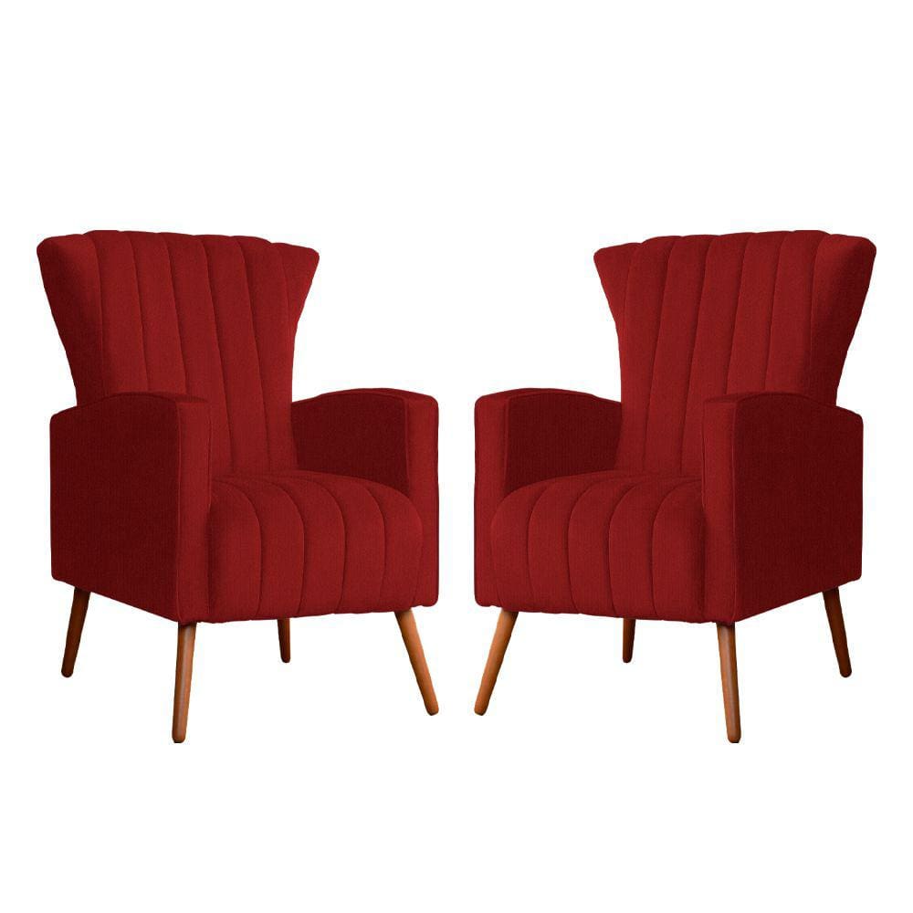 Kit 2 Poltronas Decorativa Melinda Suede Vermelho Pés Madeira Mz Decor