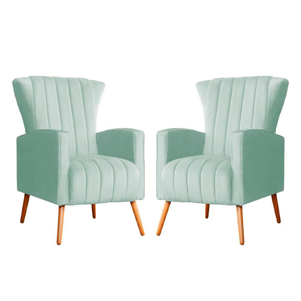 Kit 2 Poltronas Decorativa Melinda Veludo Acqua Pés Madeira Mz Decor