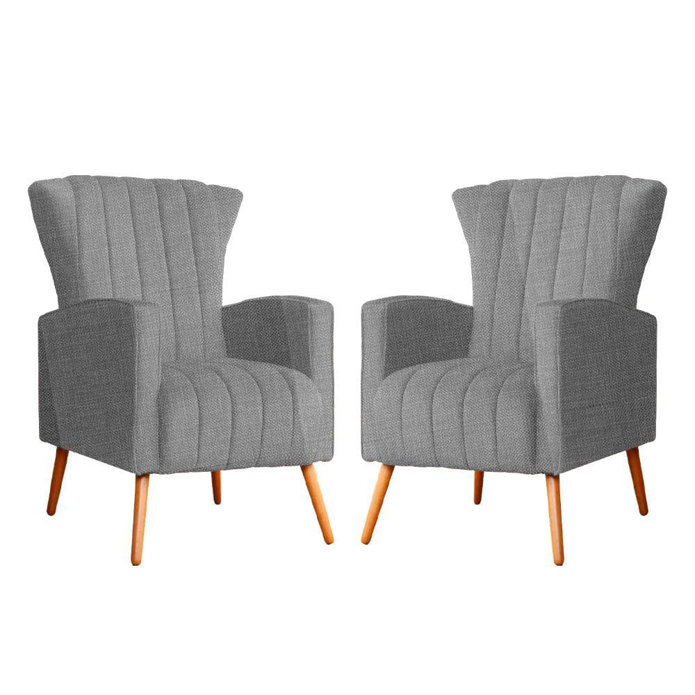 Kit 2 Poltronas Decorativa Melinda Linho Cinza Pés Madeira Mz Decor