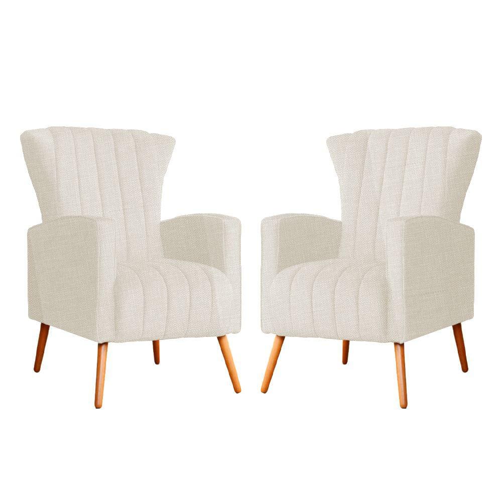Kit 2 Poltronas Decorativa Melinda Linho Bege Pés Madeira Mz Decor
