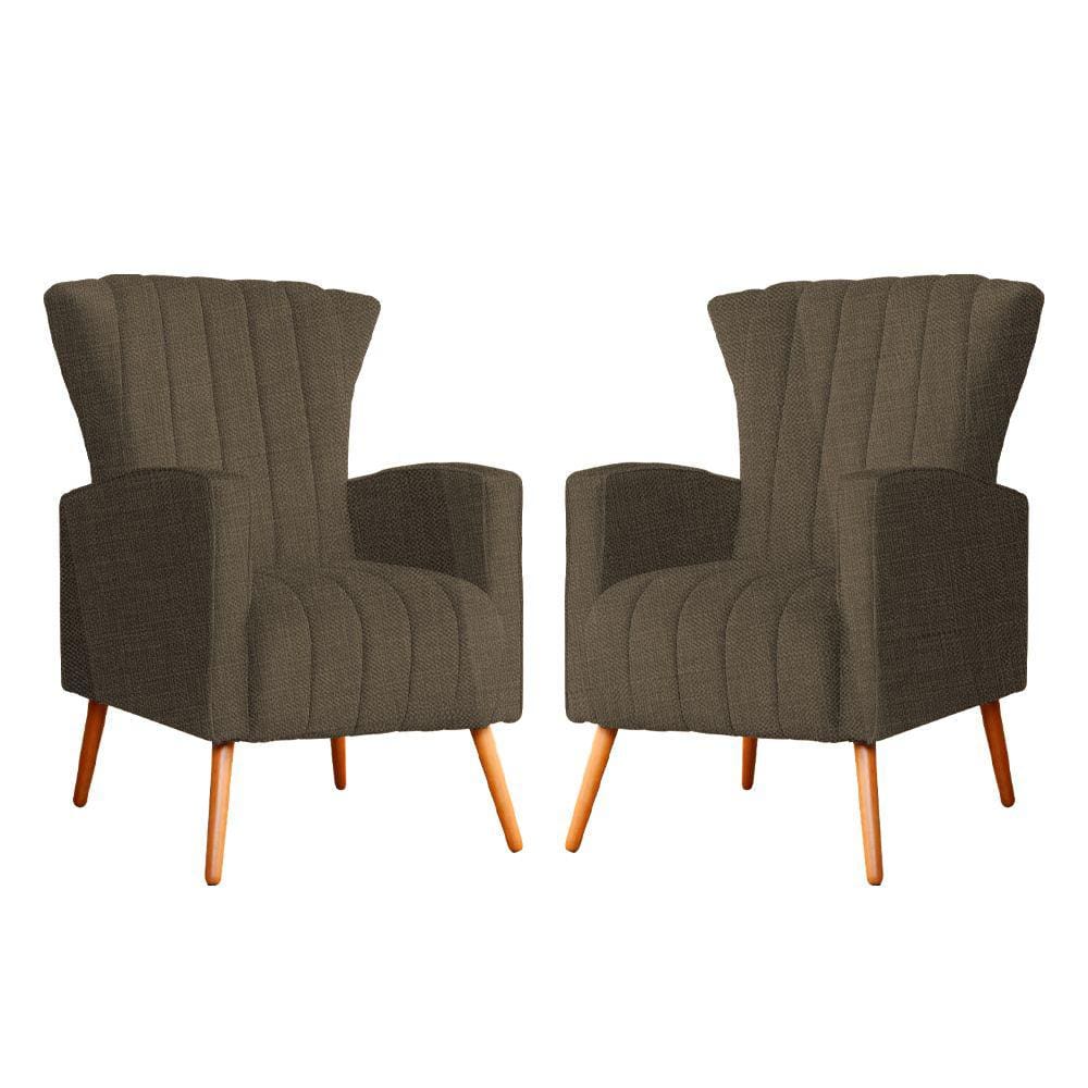 Kit 2 Poltronas Decorativa Melinda Linho Marrom Pés Madeira Mz Decor