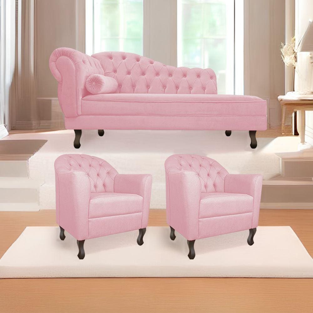 Kit Diva Recamier Diana 185cm Lado Direito e 02 Poltronas Julia Suede Rosa Bebê