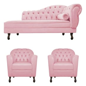 Kit Diva Recamier Diana 140cm Lado Esquerdo e 02 Poltronas Julia Suede Rosa Bebê