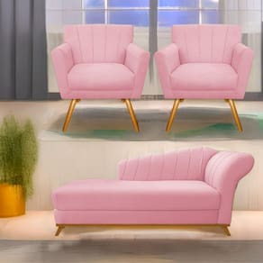 Kit Diva Recamier Vanessa 140Cm Lado Esquerdo E 02 Poltronas Laura Suede Cor Rosabebê