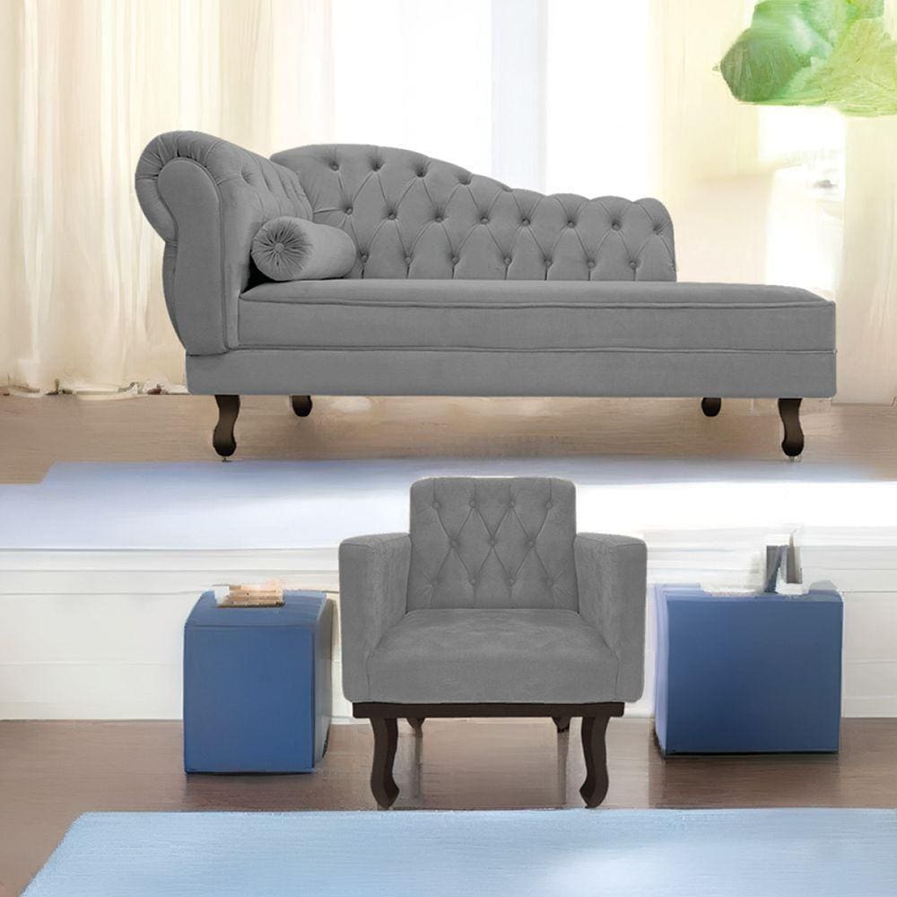 Kit Diva Recamier Diana 140Cm Lado Direito E 01 Poltrona Classic Suede - Doce Sonho Móveis Cinza