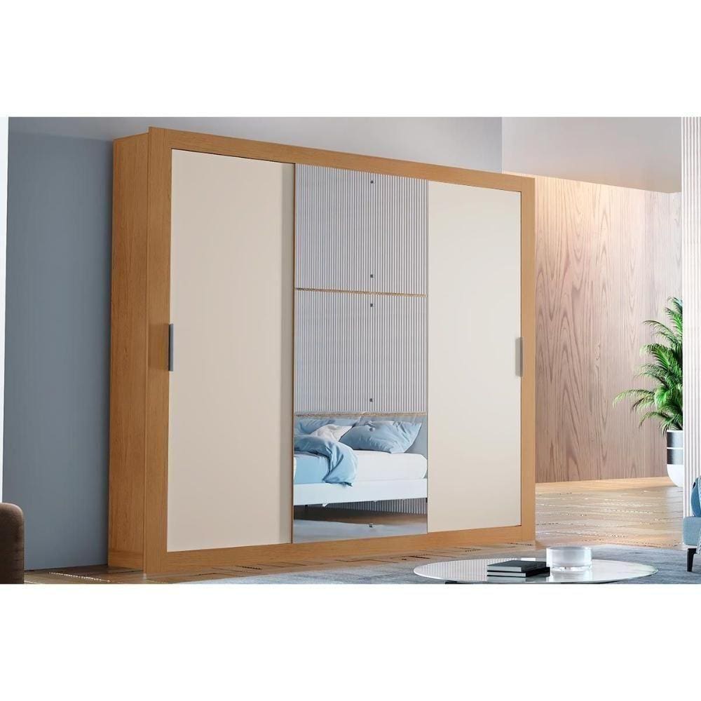Guarda Roupa 3 Portas De Correr E 4 Gavetas C- Espelho Veneza Luxo Naturale-off White - Rufato