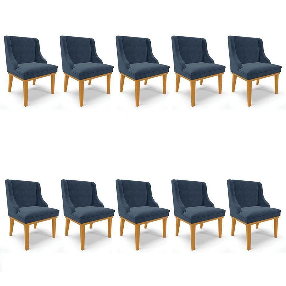 Kit 10 Cadeiras Estofadas Para Sala De Jantar Castanho Lia Suede Azul Marinho - Ibiza