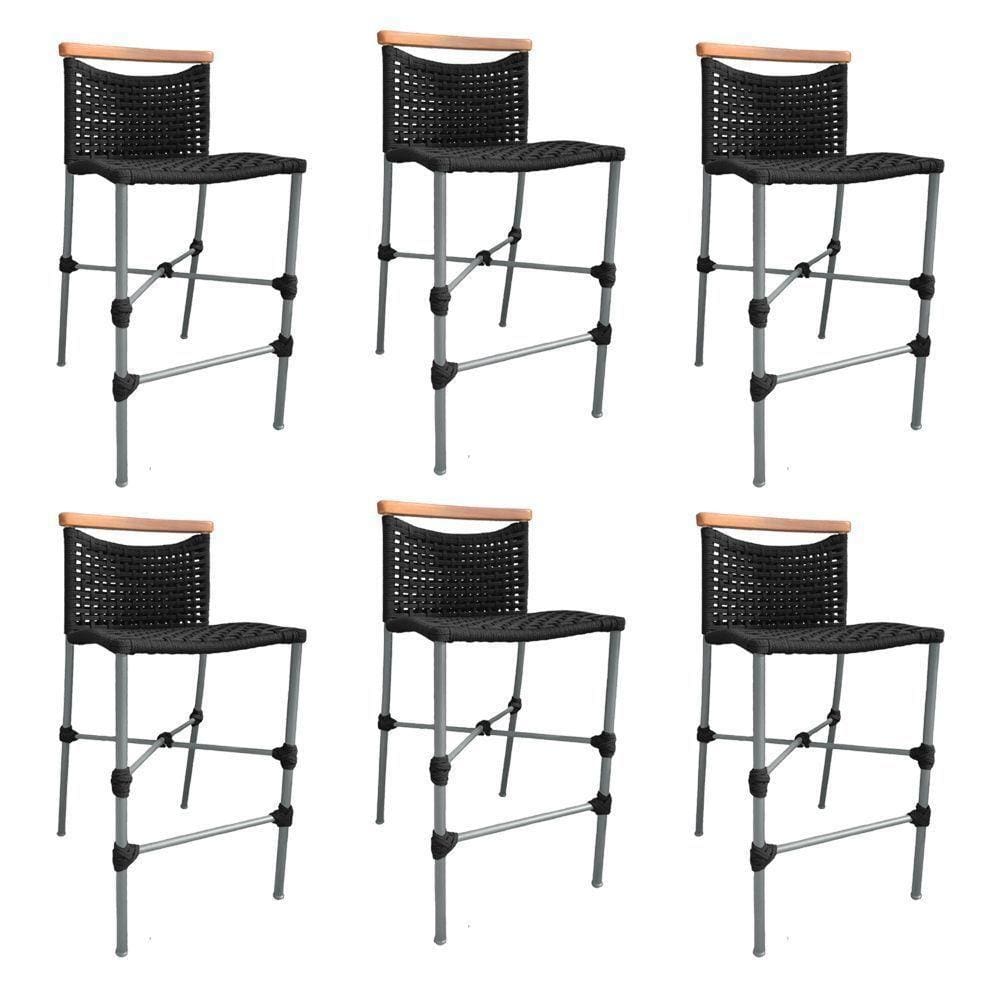 Kit 6 Banquetas Em Corda Náutica Base Em Alumínio Cinza Com Detalhe Em Madeira Preta Preto