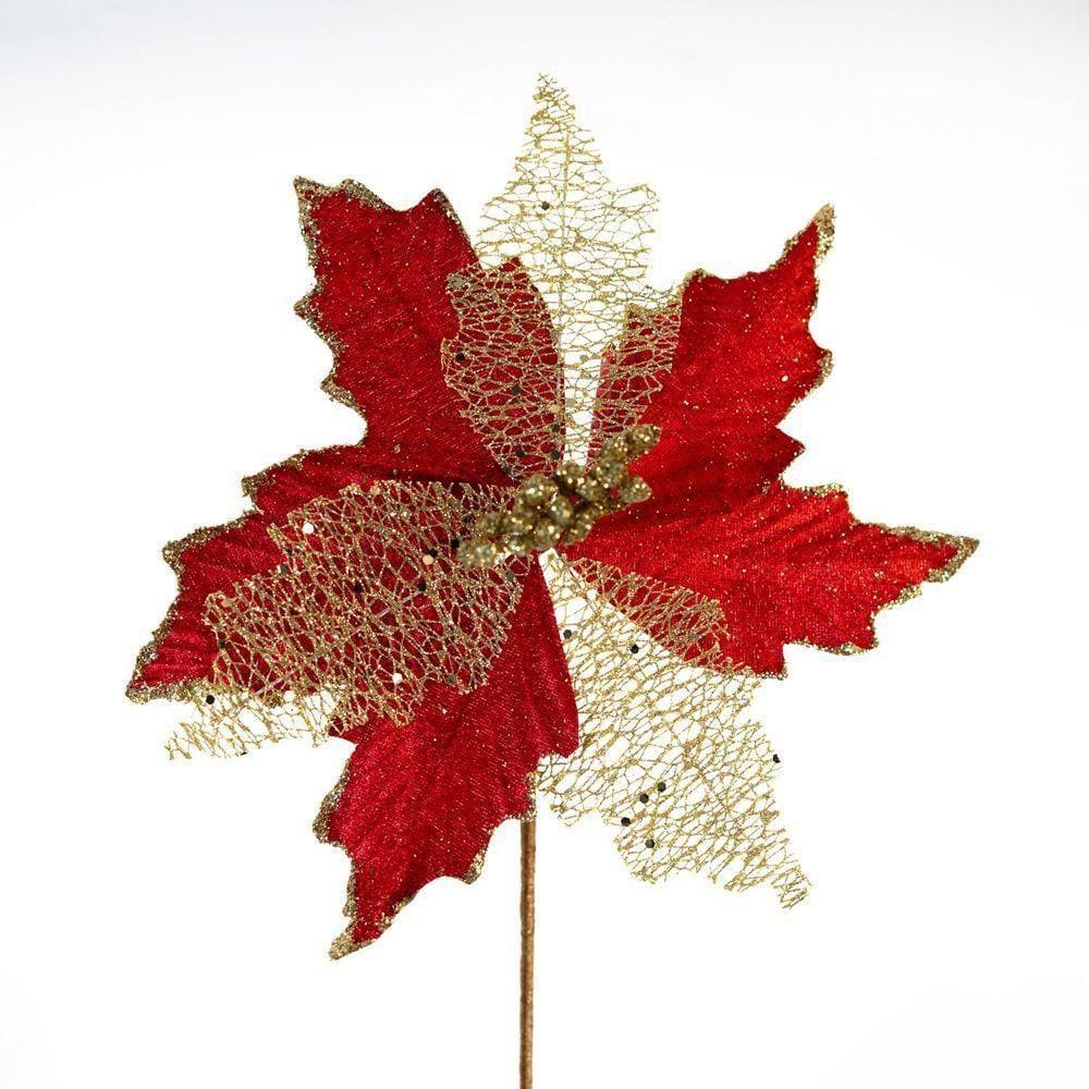 Flor Cabo Artificial Decoração De Natal Brilho Vermelha 24cm