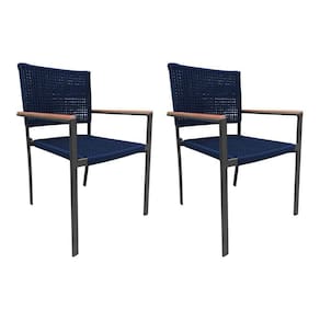 Kit 2 Cadeiras Piracicaba Corda Náutica Braço C-Detalhe Em Madeira Base Alumínio Preto-azul Marinho