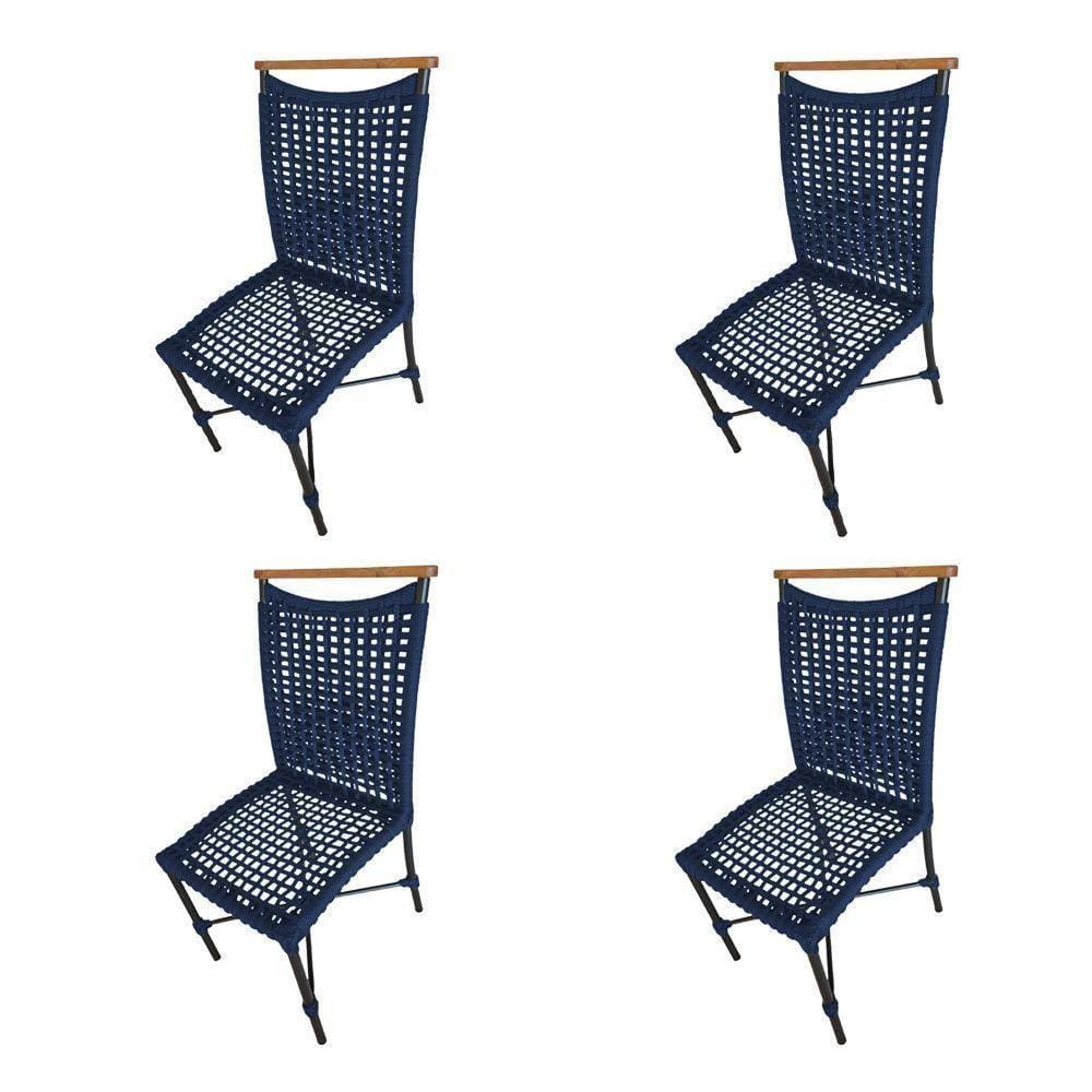 Kit 4 Cadeiras Anne Corda Náutica Detalhe Em Madeira Base Alumínio Preto-azul Marinho - Cor: Azul