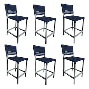 Kit 6 Banquetas França Em Corda Náutica E Base Em Alumínio Cinza Para área Gourmet Azul Marinho Azul