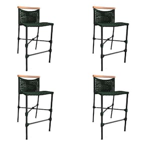 Kit 4 Banquetas Em Corda Náutica Base Em Alumínio Preta Com Detalhe Em Madeira Verde Musgo Verde