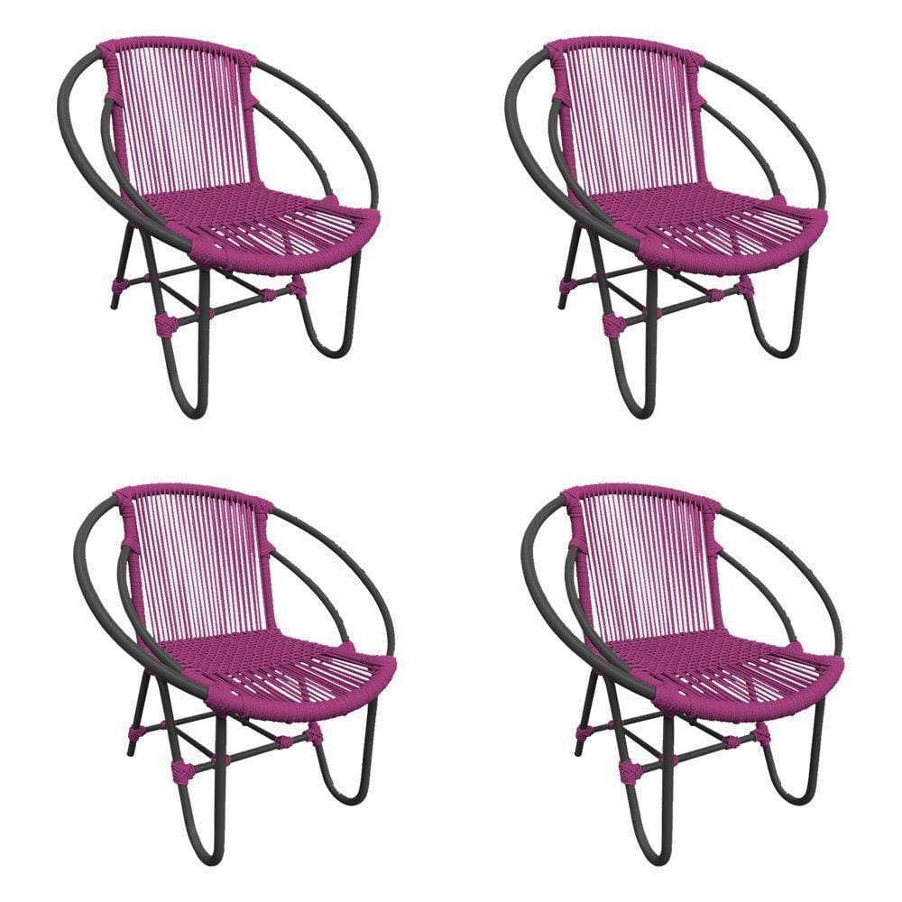 Kit 4 Cadeiras Decorativa Julia Em Corda Náutica E Base Em Alumínio Preta- Rosa - Cor: Rosa