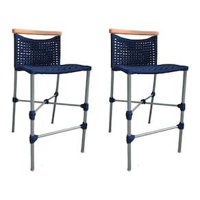 Kit 2 Banquetas Em Corda Náutica Base Em Alumínio Cinza Com Detalhe Em Madeira Azul Marinho Azul