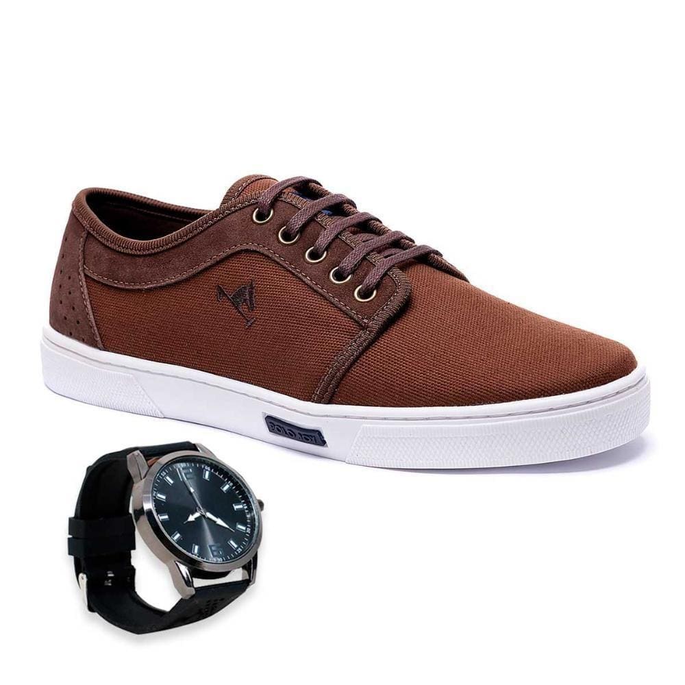 Tênis Masculino PoloJoy Casual Moderno Em Lona + Relógio