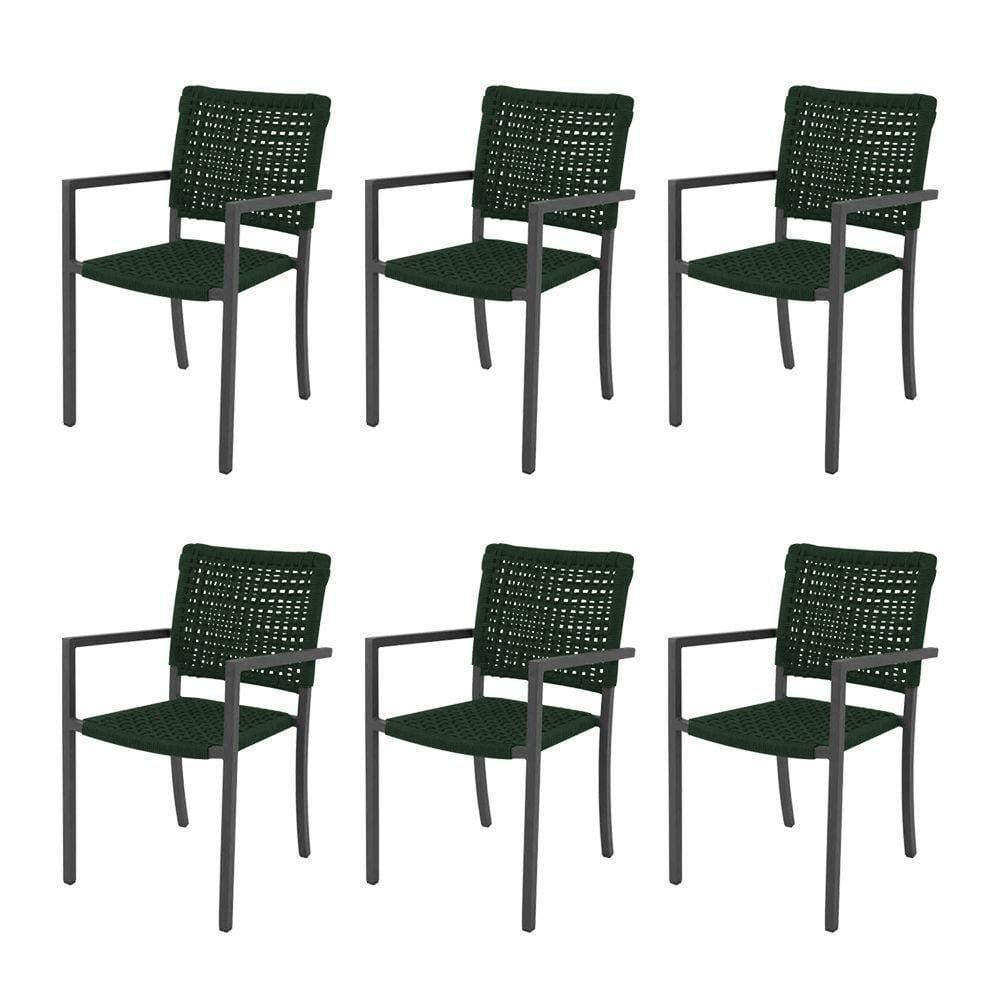 Kit 6 Cadeiras Marília Corda Náutica Base Em Alumínio Preto-verde Musgo - Cor: Verde