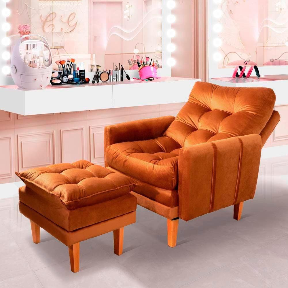 Poltrona Para Maquiagem Com Puff Veludo Laranja Veneza Boutique Konforto - Laranja