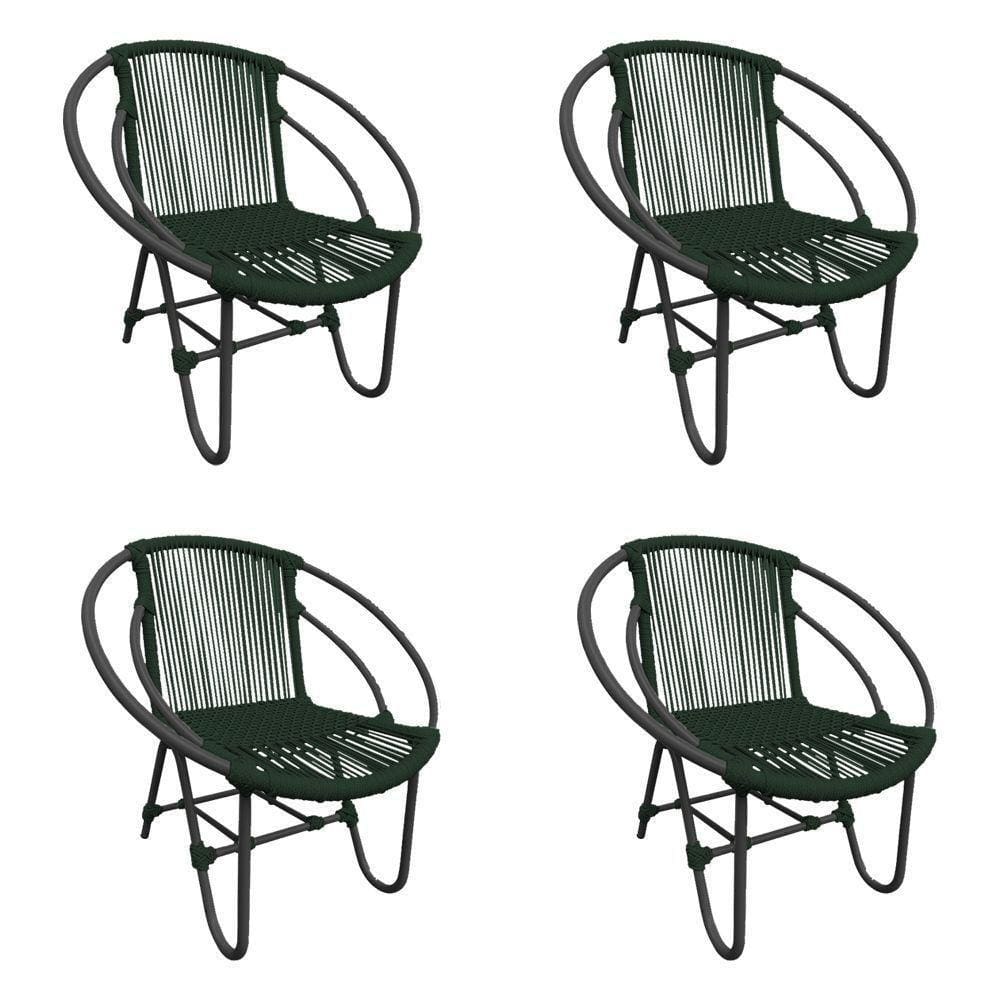 Kit 4 Cadeiras Decorativa Julia Em Corda Náutica E Base Em Alumínio Preta- Verde Musgo - Cor: Verde