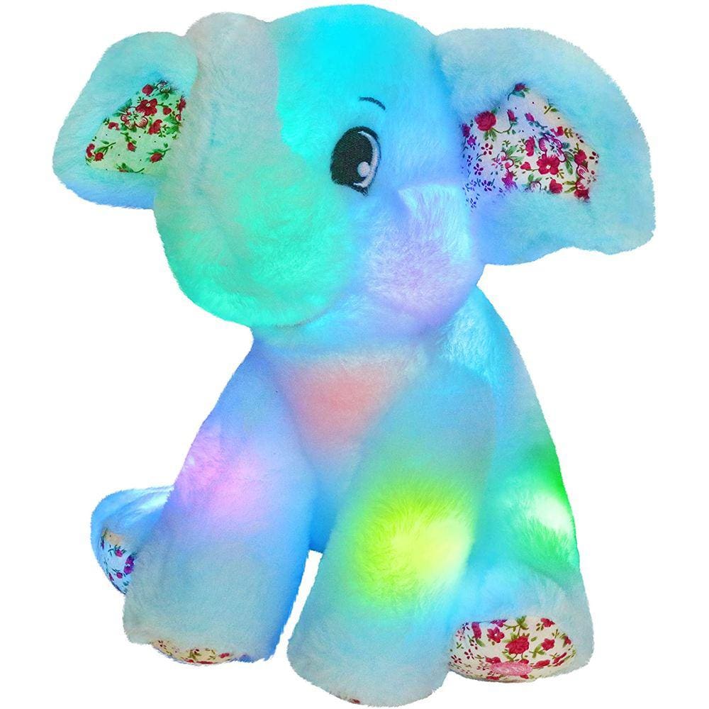 Luz noturna de brinquedo de pelúcia para elefantes - azul, LED, canções de ninar