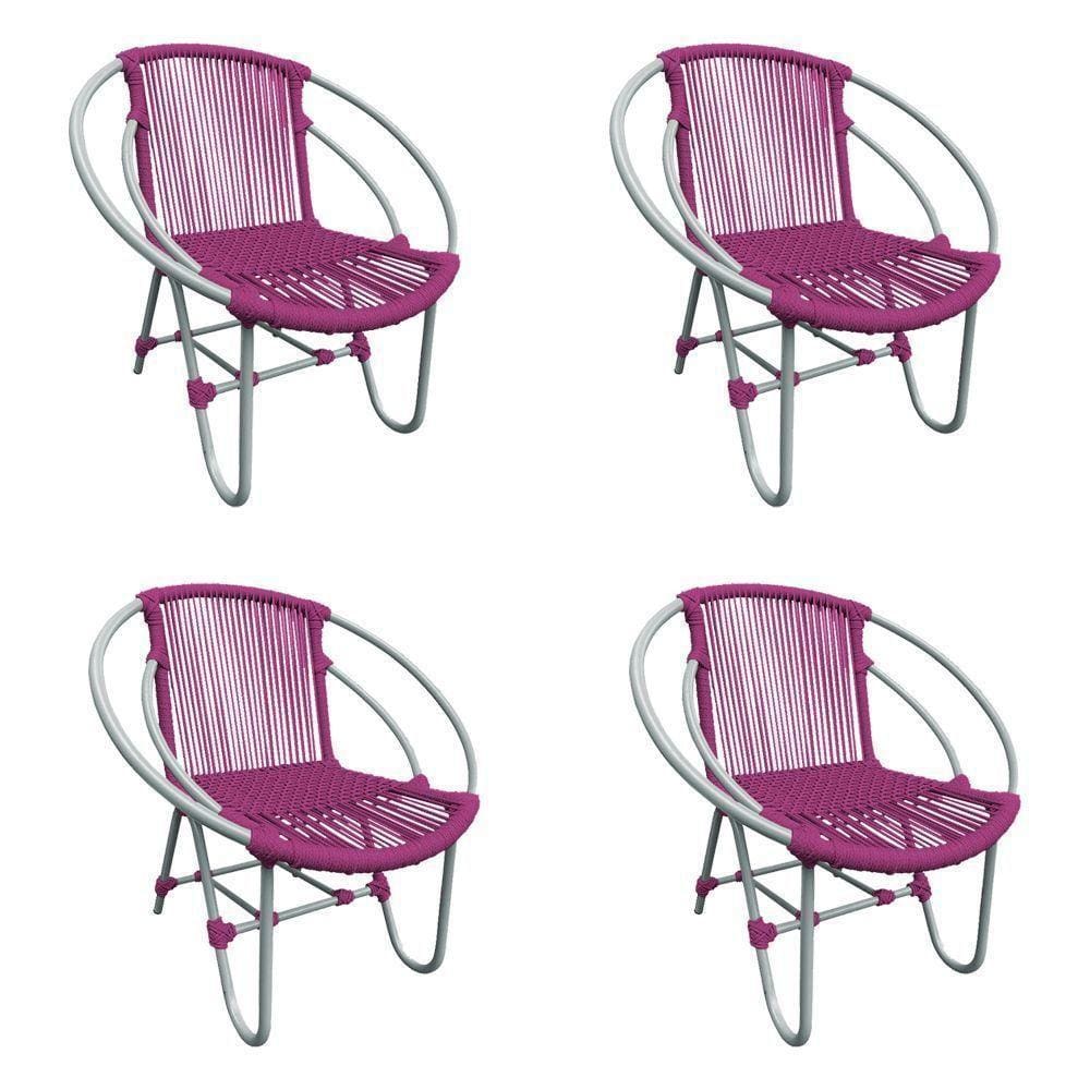 Kit 4 Cadeiras Decorativa Julia Em Corda Náutica E Base Em Alumínio Cinza- Rosa - Cor: Rosa