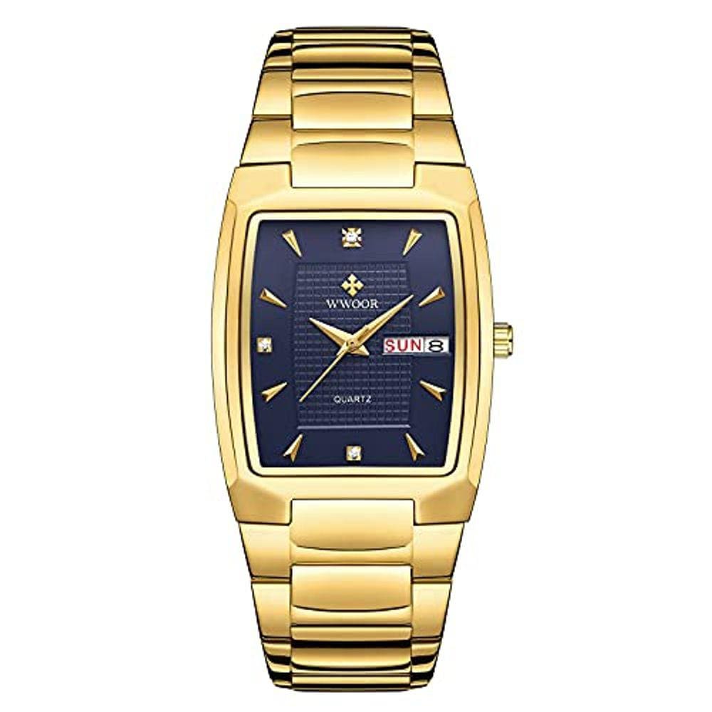 Relógio cronógrafo quadrado masculino com data automática, aço inoxidável dourado - WWOOR