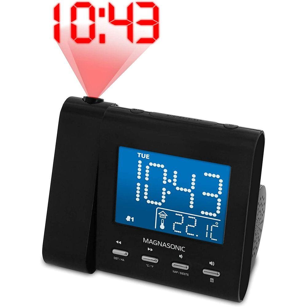 Despertador de projeção com rádio, backup, ajuste automático de horário, alarme duplo e