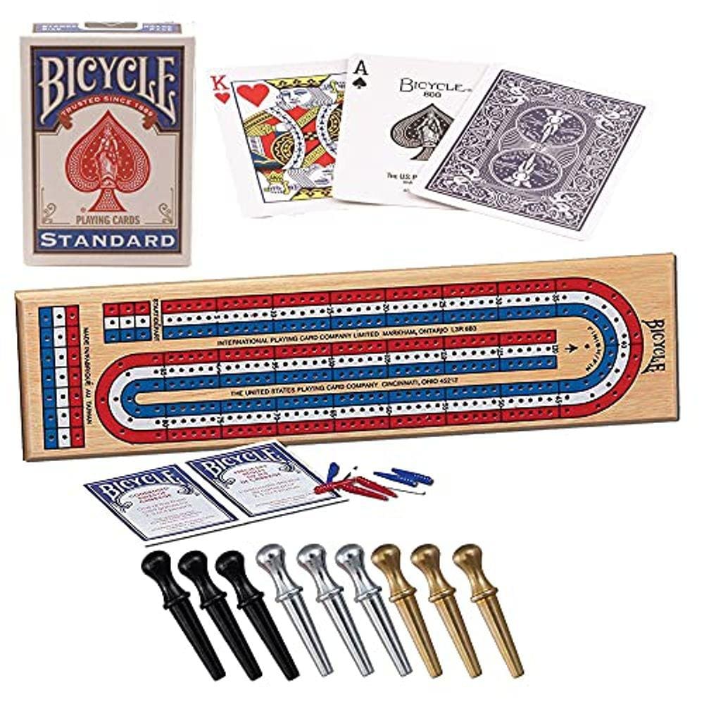 Bicycle Cribbage | Jogo de madeira de pinho de 3 faixas com cartas e pinos