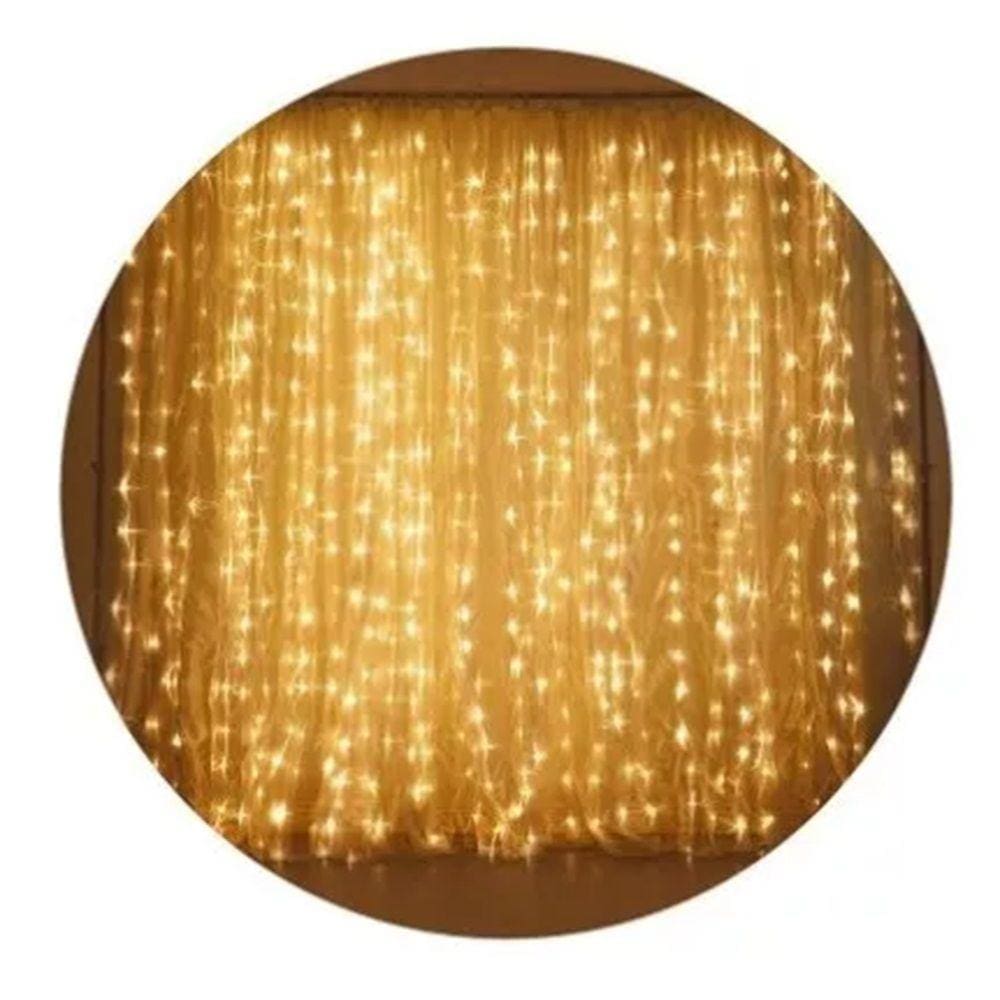 Cortina Natal Branco Quente 120 Lâmpadas Iluminação Natalina Decoração Enfeite LED Festa Luz Sala