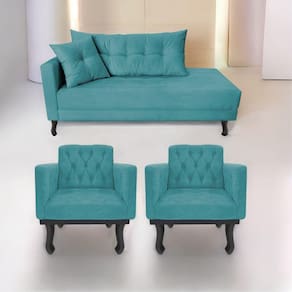 Kit Diva Recamier Azura 160cm Lado Direito e 02 Poltronas Classic Suede Azul turquesa