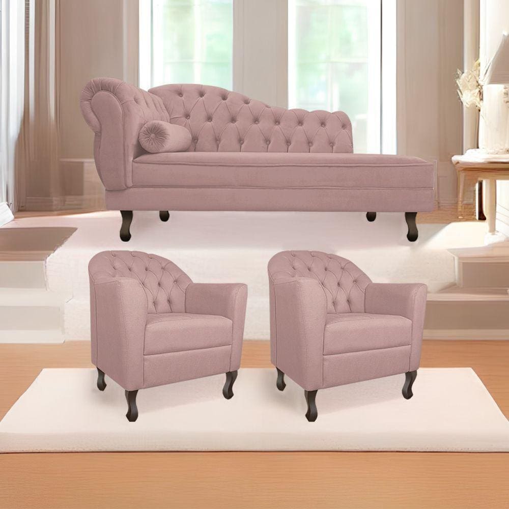 Kit Diva Recamier Diana 130Cm Lado Direito E 02 Poltronas Julia Linho - Doce Sonho Móveis Rosê