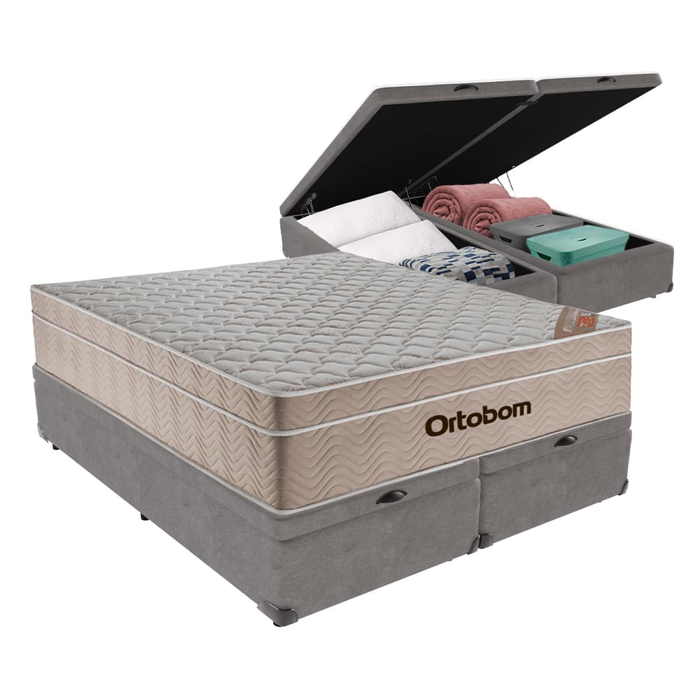 Cama + Box Airtech Colchão Ortobom Queen com Baú Bege SpringPocket