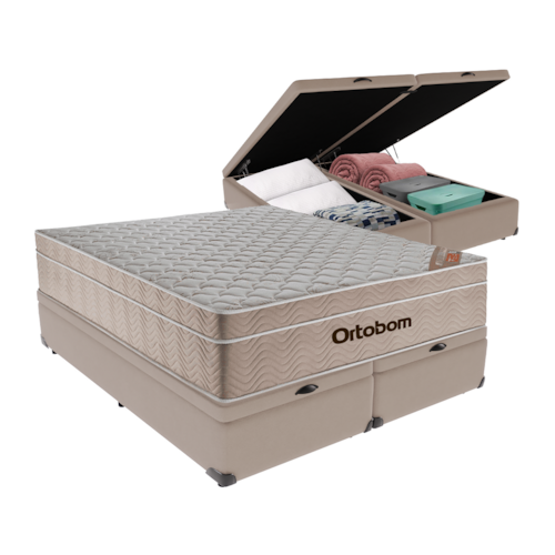 Cama + Box Airtech Colchão Ortobom Queen com Baú Bege SpringPocket - Bege