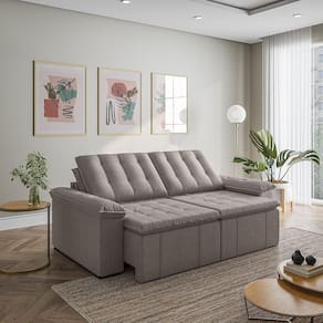 Sofá Cama Palmeira 3 Lugares Retrátil Reclinável 2,20m Linho com Molas CabeCasa MadeiraMadeira Marrom