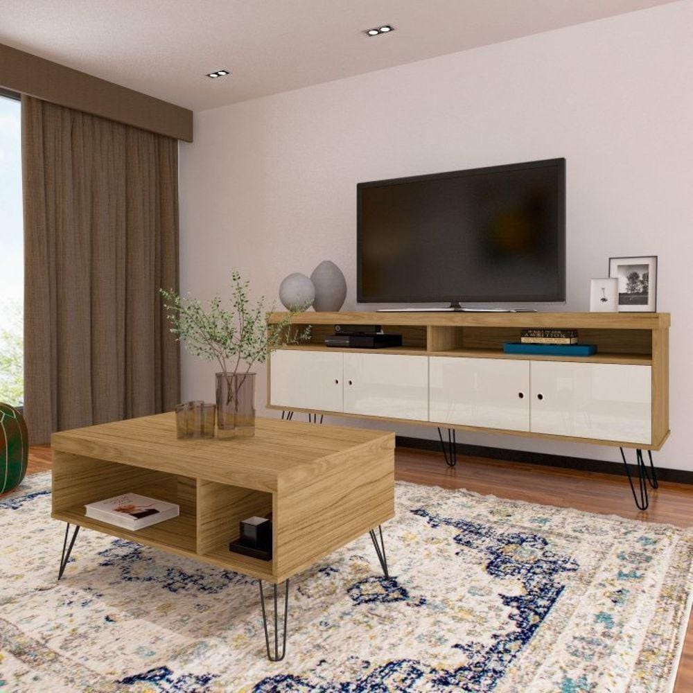 Sala de Estar Completa com Rack e Mesa de Centro Liberty Carvalho/Off White