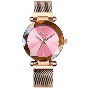 Relógio de pulso feminino de malha de aço inoxidável Diamond (rosa)