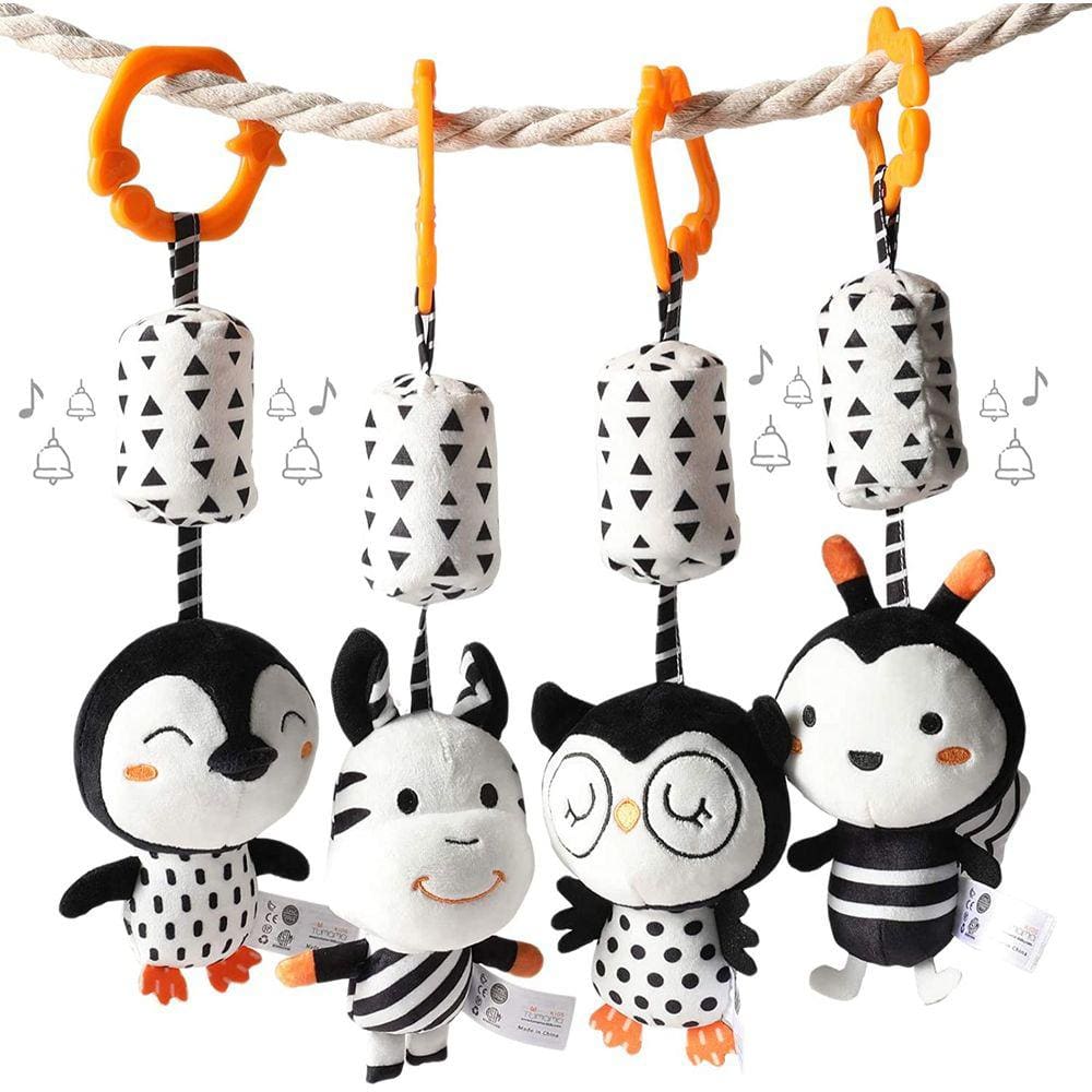 Brinquedos para bebês em preto e branco, chocalhos pendurados, brinquedos para carrinhos de bebê, pacote com 4
