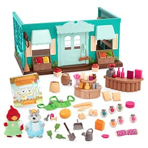 Conjunto de estatuetas Woodzeez - General Store - Mini móveis e alimentos - Livro de histórias - Mais de 3 anos
