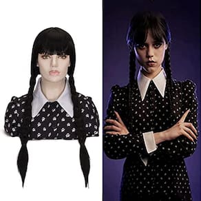 Peruca Addams | Peruca de Halloween Coraline pré-trançada com franja preta resistente ao calor