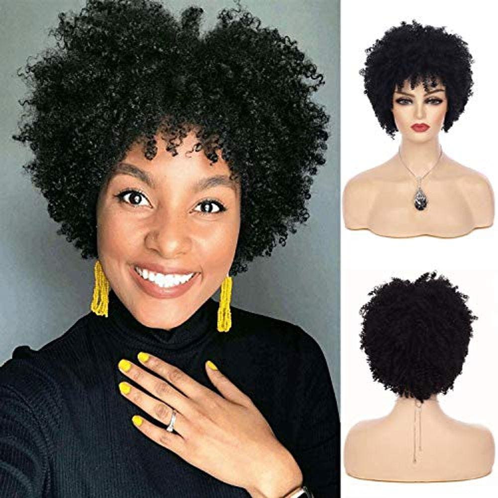 Peruca afro curta encaracolada para mulheres negras com touca