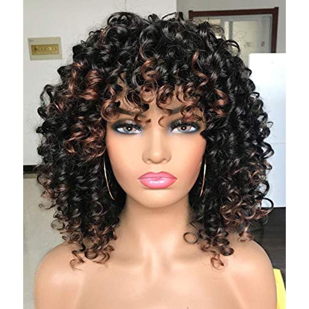 Perucas com reflexos castanhos afro encaracolados com aparência l (ombre)