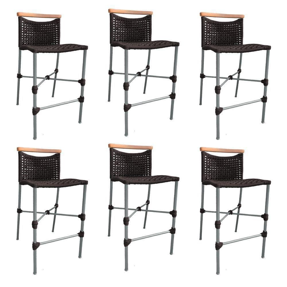 Kit 6 Banquetas Em Corda Náutica Base Em Alumínio Cinza Com Detalhe Em Madeira Marrom Marrom