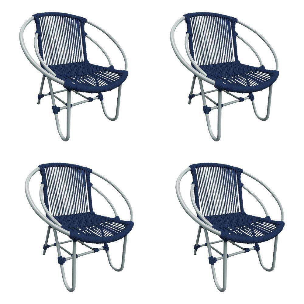 Kit 4 Cadeiras Decorativa Julia Em Corda Náutica E Base Em Alumínio Cinza- Azul Marinho - Cor: Azul
