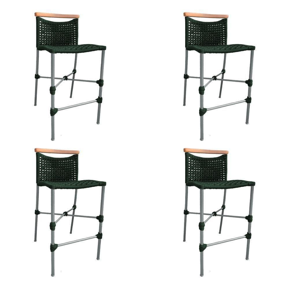 Kit 4 Banquetas Em Corda Náutica Base Em Alumínio Cinza Com Detalhe Em Madeira Verde Musgo Verde