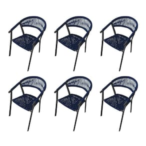 Kit 6 Cadeiras Decorativa Joana Em Corda Náutica E Base Em Alumínio Preta- Azul Marinho - Cor: Azul